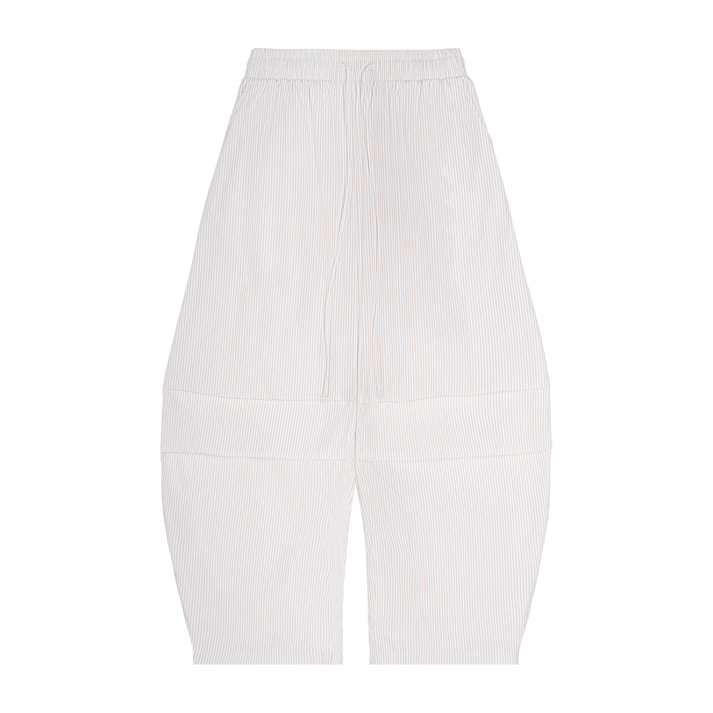 Light-coloured striped barrel pants with a wide silhouette and shaped lower legs.