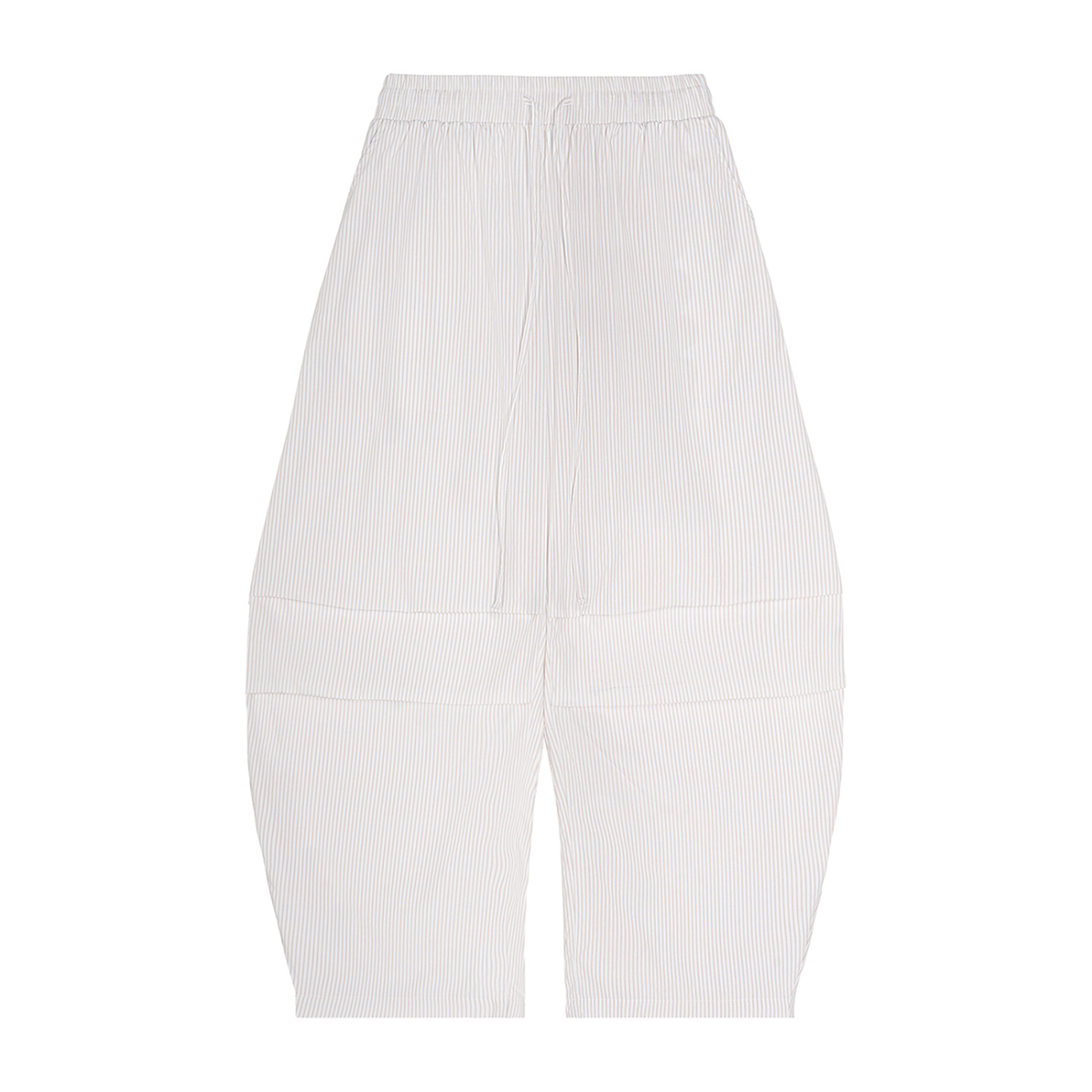 Light-coloured striped barrel pants with a wide silhouette and shaped lower legs.