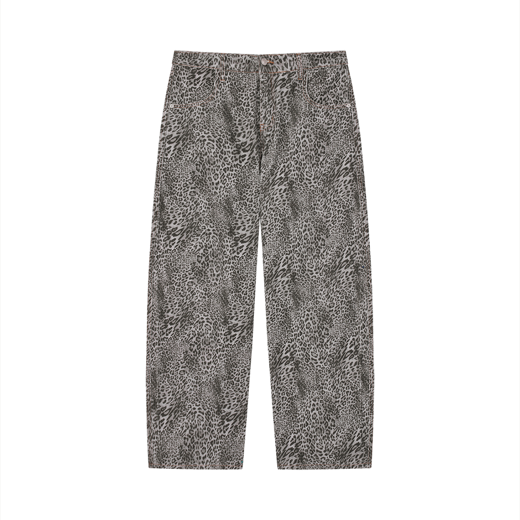 Vintage wash wide leg jeans with an all-over grey and brown leopard pattern.