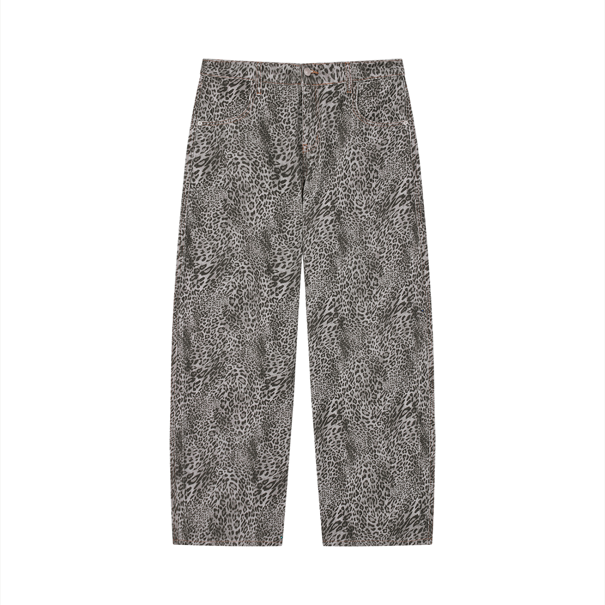 Vintage wash wide leg jeans with an all-over grey and brown leopard pattern.