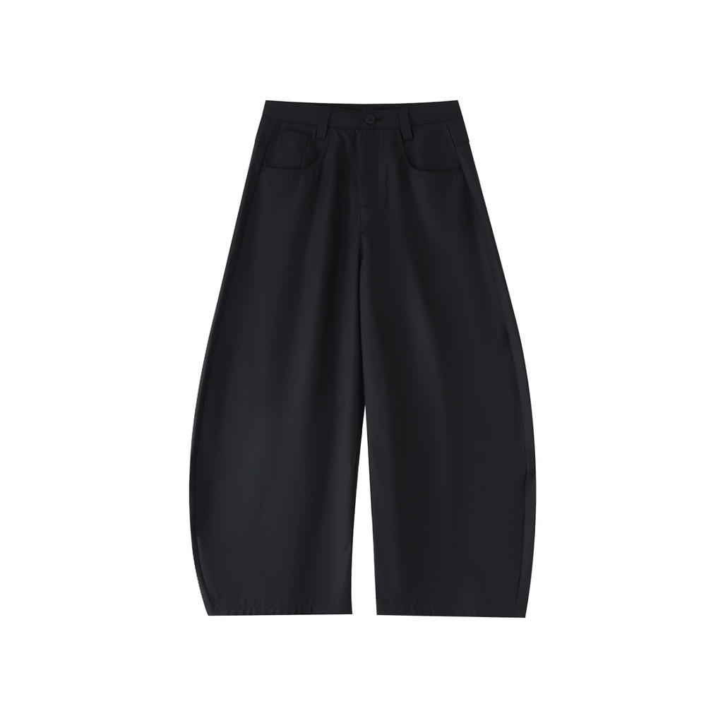 Black barrel dress pants with front pleats and curved, wide legs.
