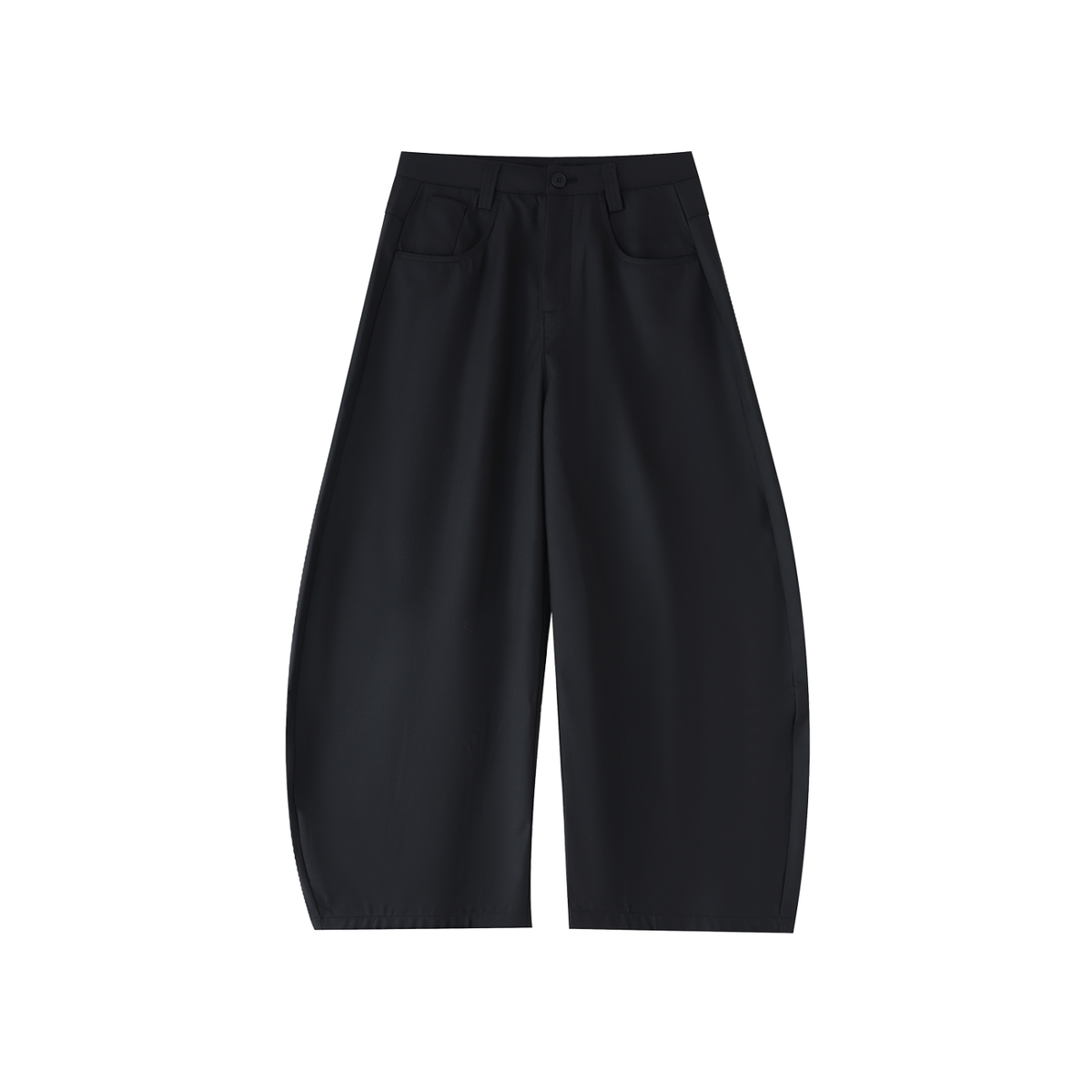 Black barrel dress pants with front pleats and curved, wide legs.