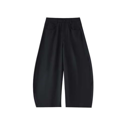 Black barrel dress pants with front pleats and curved, wide legs.