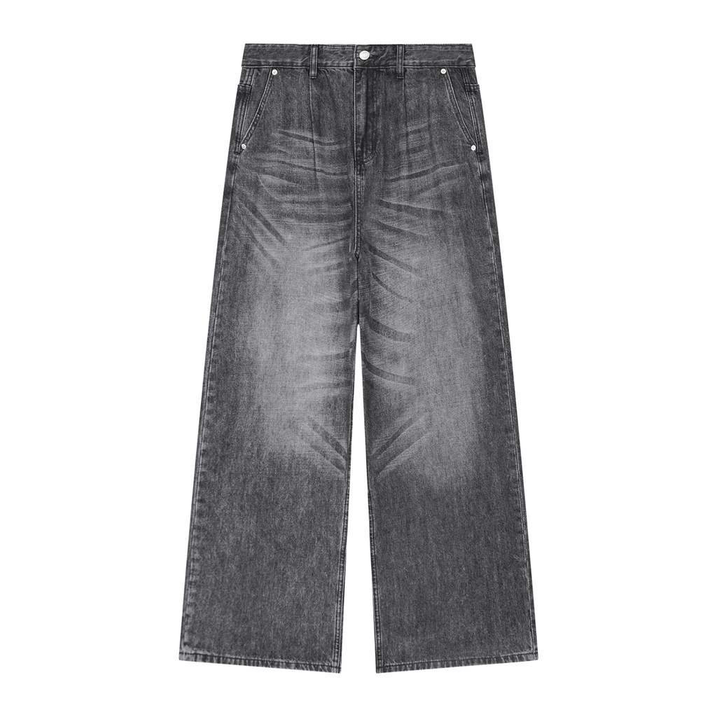 Grey vintage wash wide leg jeans with front pleats and faded panels.