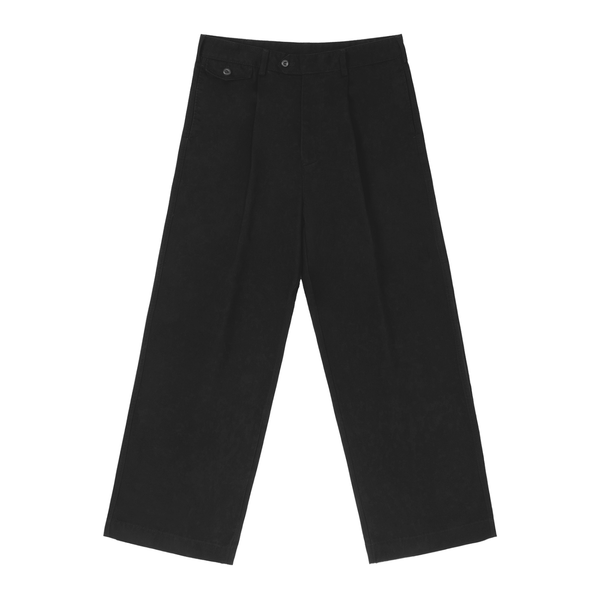 Black straight-leg pants with a button waistband and wide silhouette.