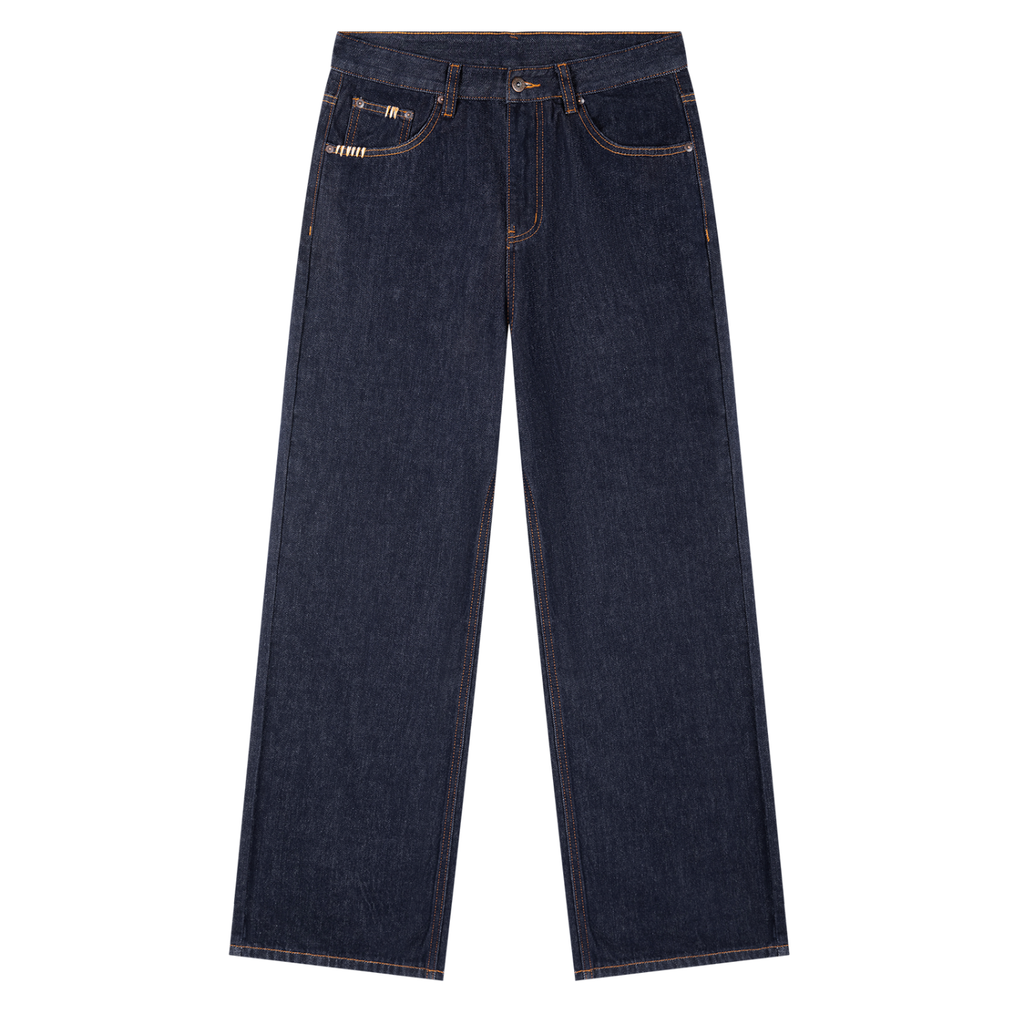 Dark indigo straight-leg denim jeans with orange contrast stitching and front pockets.