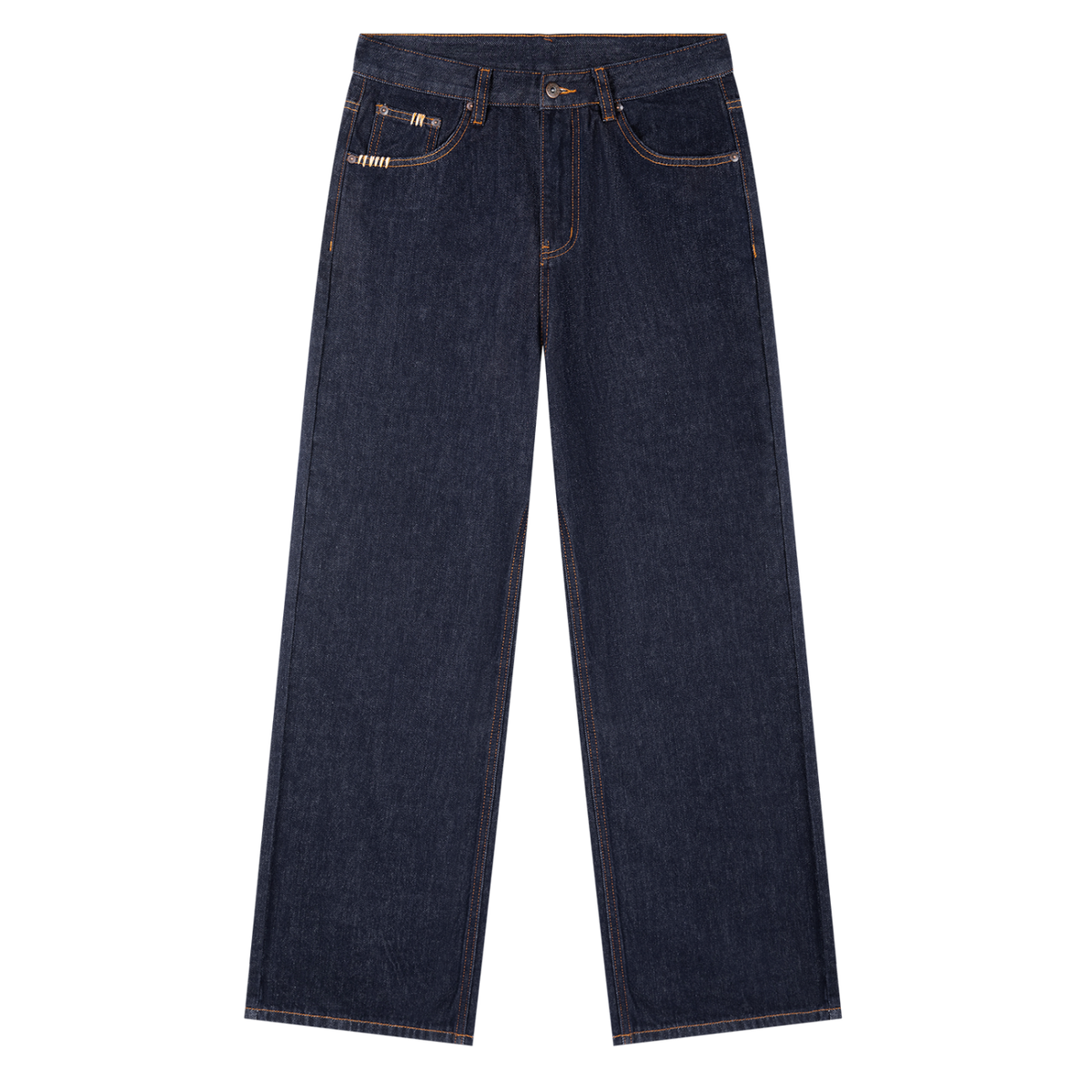 Dark indigo straight-leg denim jeans with orange contrast stitching and front pockets.