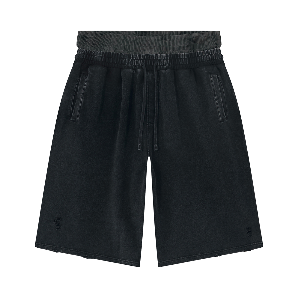Black washed wide leg shorts with an elastic drawstring waist and front pockets.