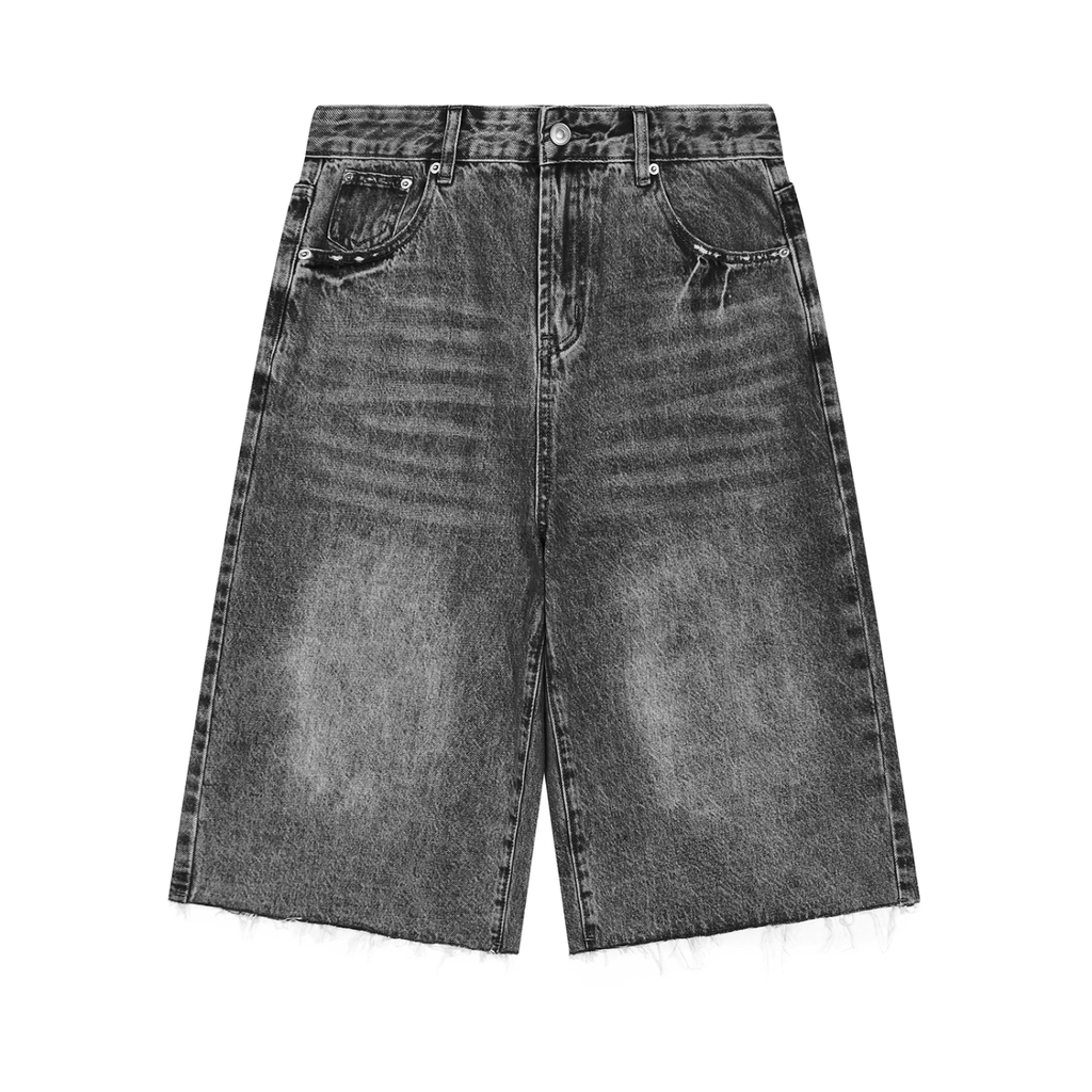 Grey washed wide leg denim shorts with front pockets and faded whisker detailing.