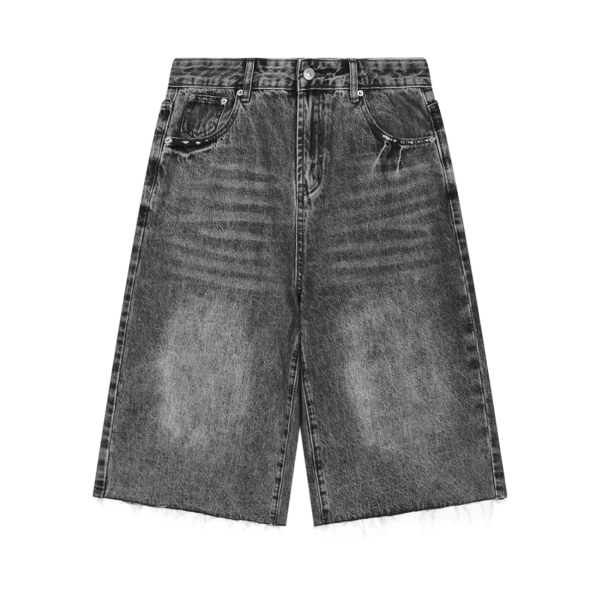 Grey washed wide leg denim shorts with front pockets and faded whisker detailing.