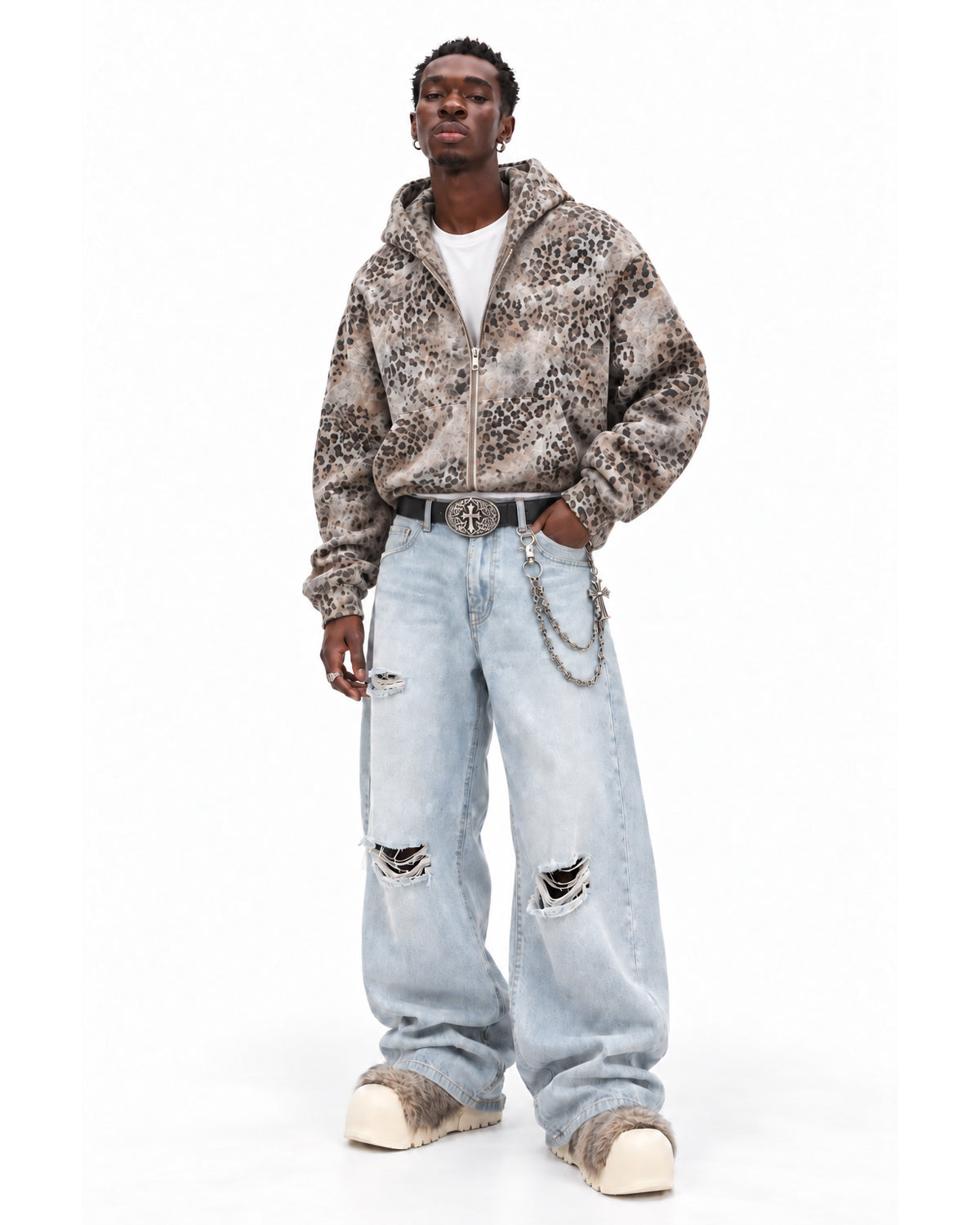 STYLESTREET — Vintage Wash Leopard Zip Hoodie