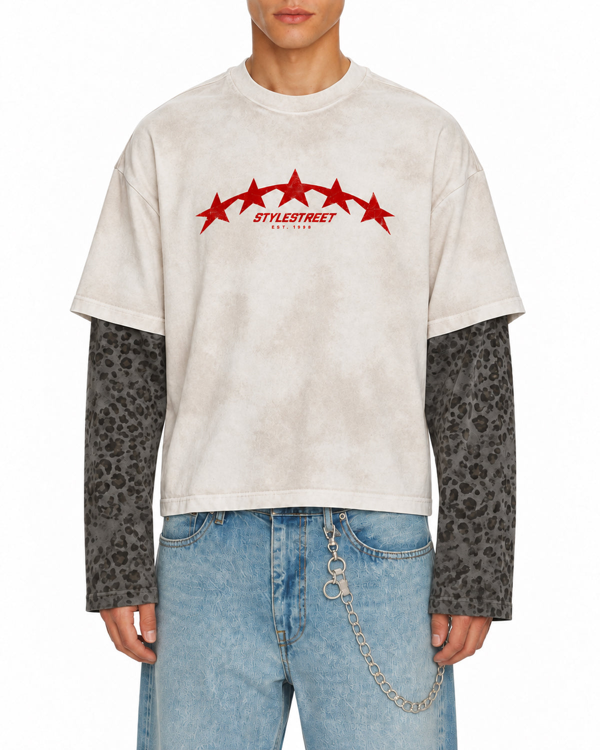 STYLESTREET Leopard-Panel Layered Long-Sleeve T-Shirt